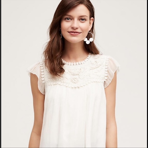 Moulinette Souers from Anthropologie Ivory White Lace Flutter Sleeve Top 6 - Picture 1 of 7
